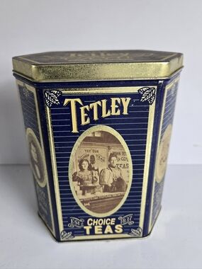 Tetley Vintage Collectors Tea Tin Made In England  Blue & Gold Trim Vtg